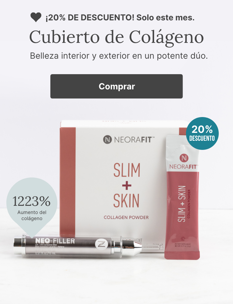 A promotional banner for a combo of Neora’s Neo-FILLER and NeoraFit Slim + Skin. Featured is text reading ”20% OFF this month only.” and a “Shop Now” button underneath it.